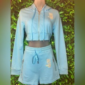 Light blue cropped jacket and shorts matching set
